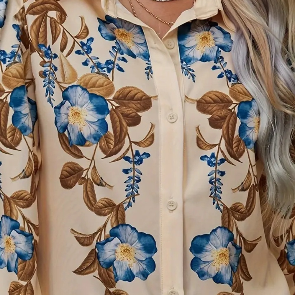 Beige Blue Floral Button-Down Blouse | Long Sleeve Collared Top (Polyester) - Picture 5 of 5